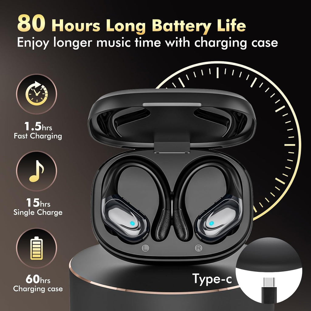 HAOYUYAN Wireless Earbuds, Sports Bluetooth Headphones, 80Hrs Playtime Ear Buds with LED Power Display, Noise Canceling Headset, IPX7 Waterproof Earphones for Workout/Running (Black)