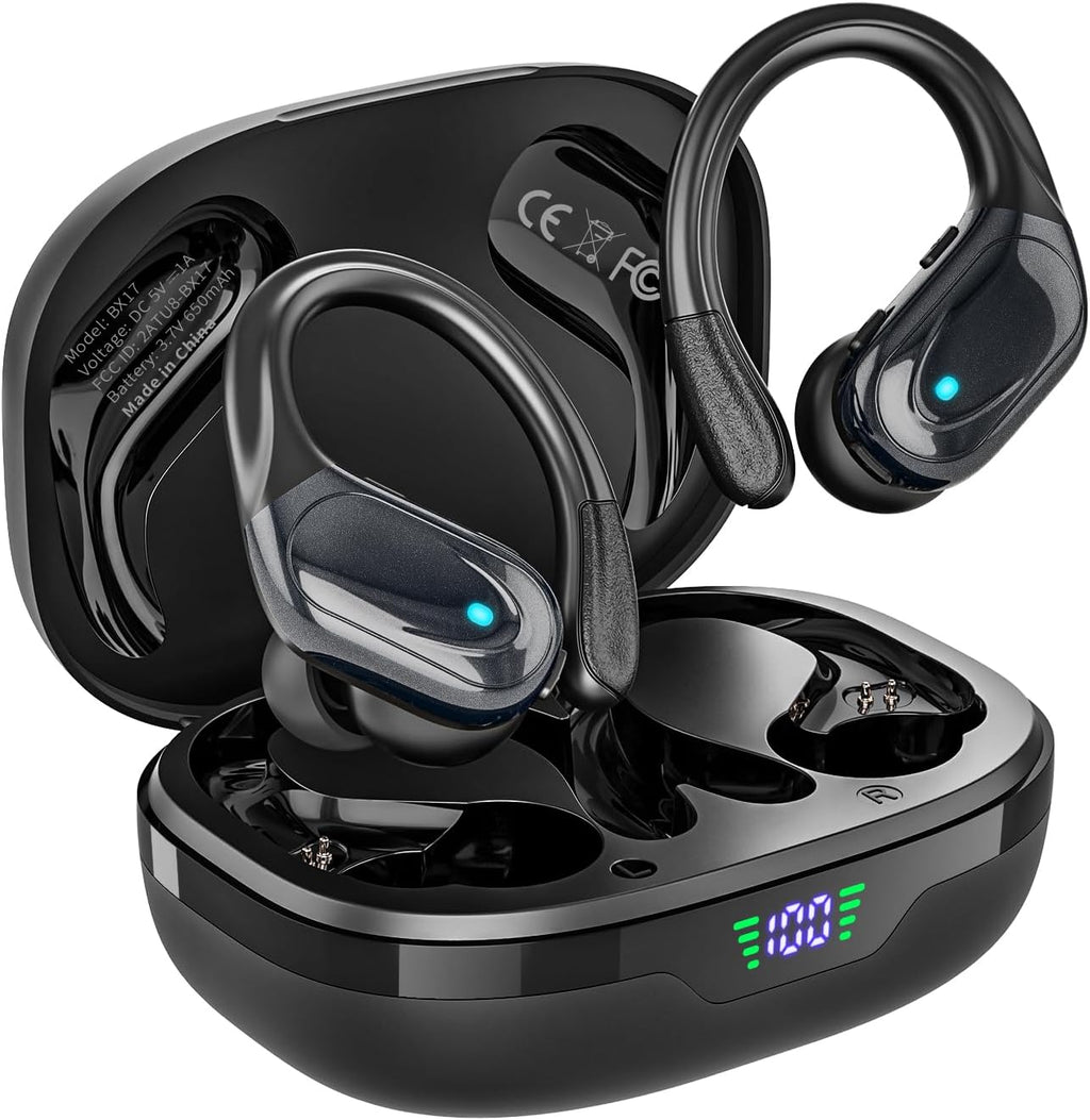 HAOYUYAN Wireless Earbuds, Sports Bluetooth Headphones, 80Hrs Playtime Ear Buds with LED Power Display, Noise Canceling Headset, IPX7 Waterproof Earphones for Workout/Running (Black)